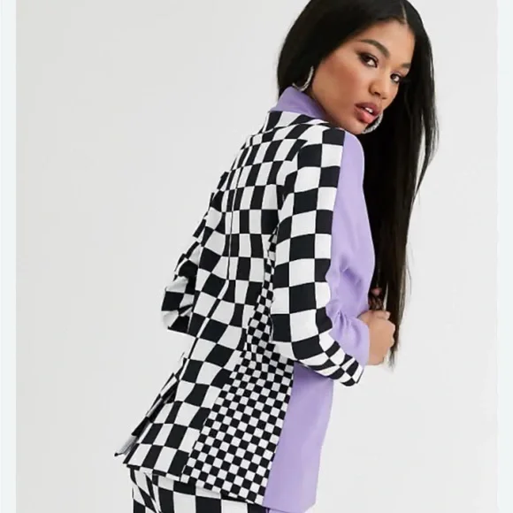 ASOS DESIGN x Christian Cowan Purple Blazer w/ Checkerboard Sleeves & Back - Picture 2 of 9